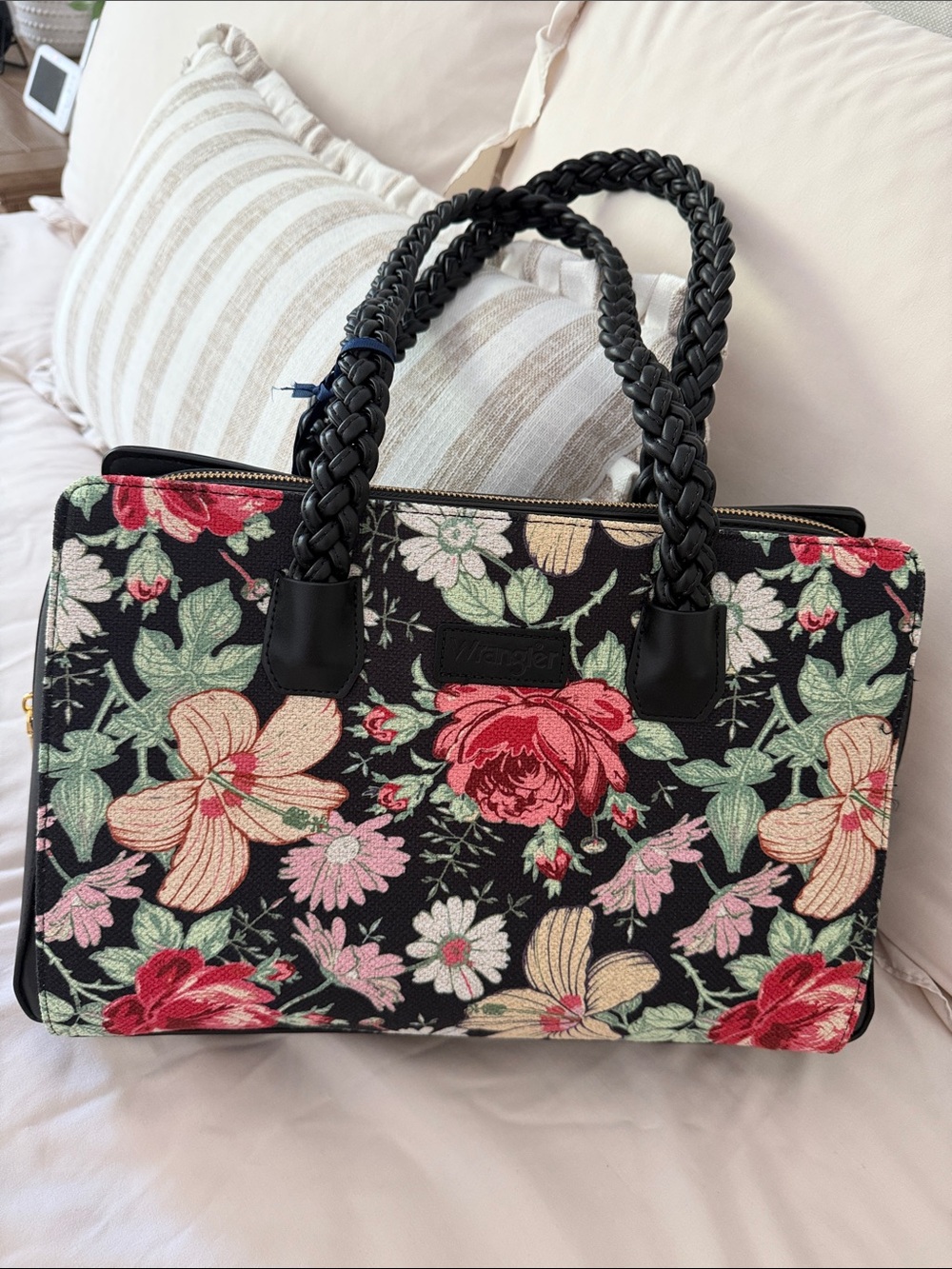 Wrangler Black Floral Embroidered Tote with Braided Handles
